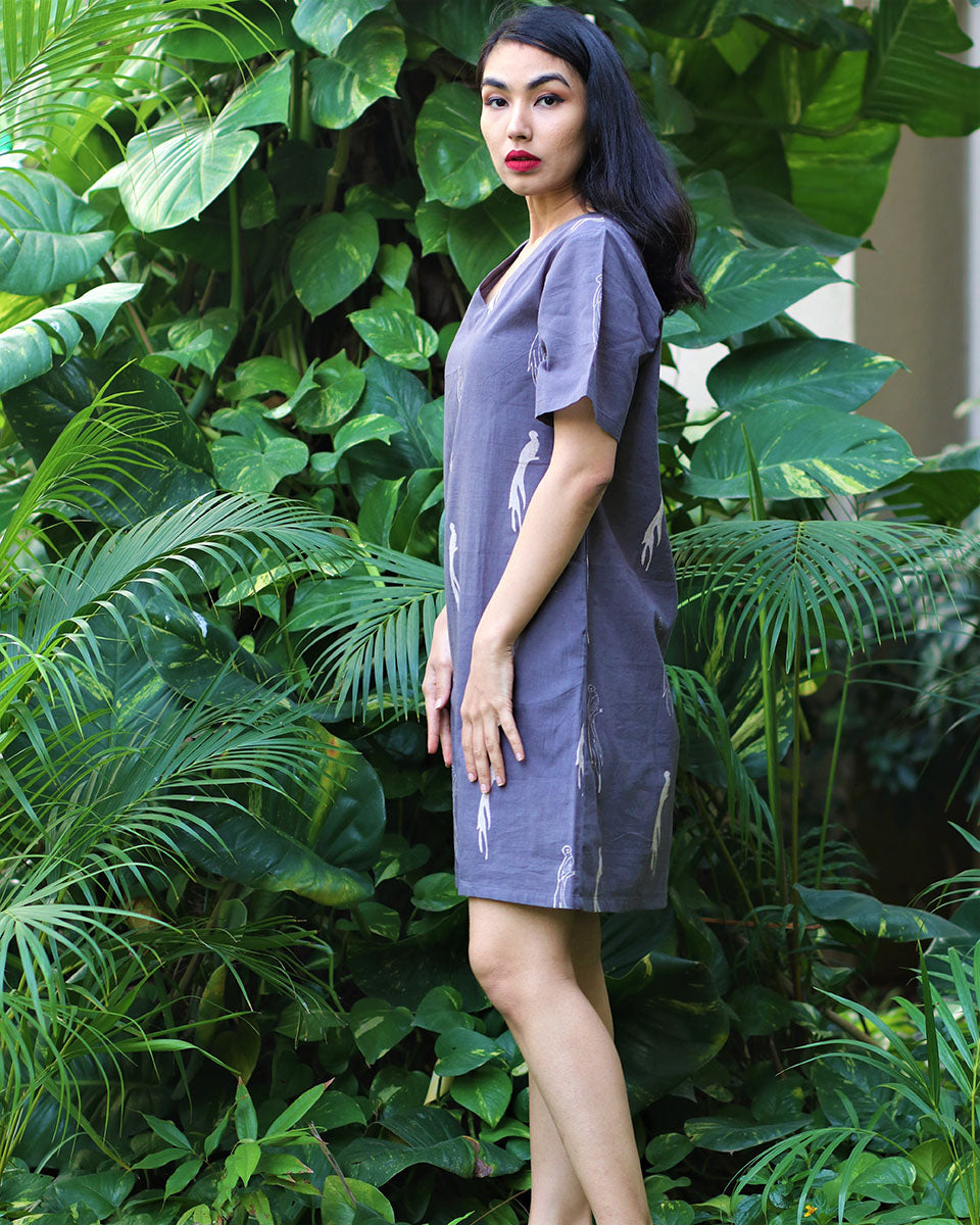 Leisure Grey Block Printed Cotton Dress - Fursat