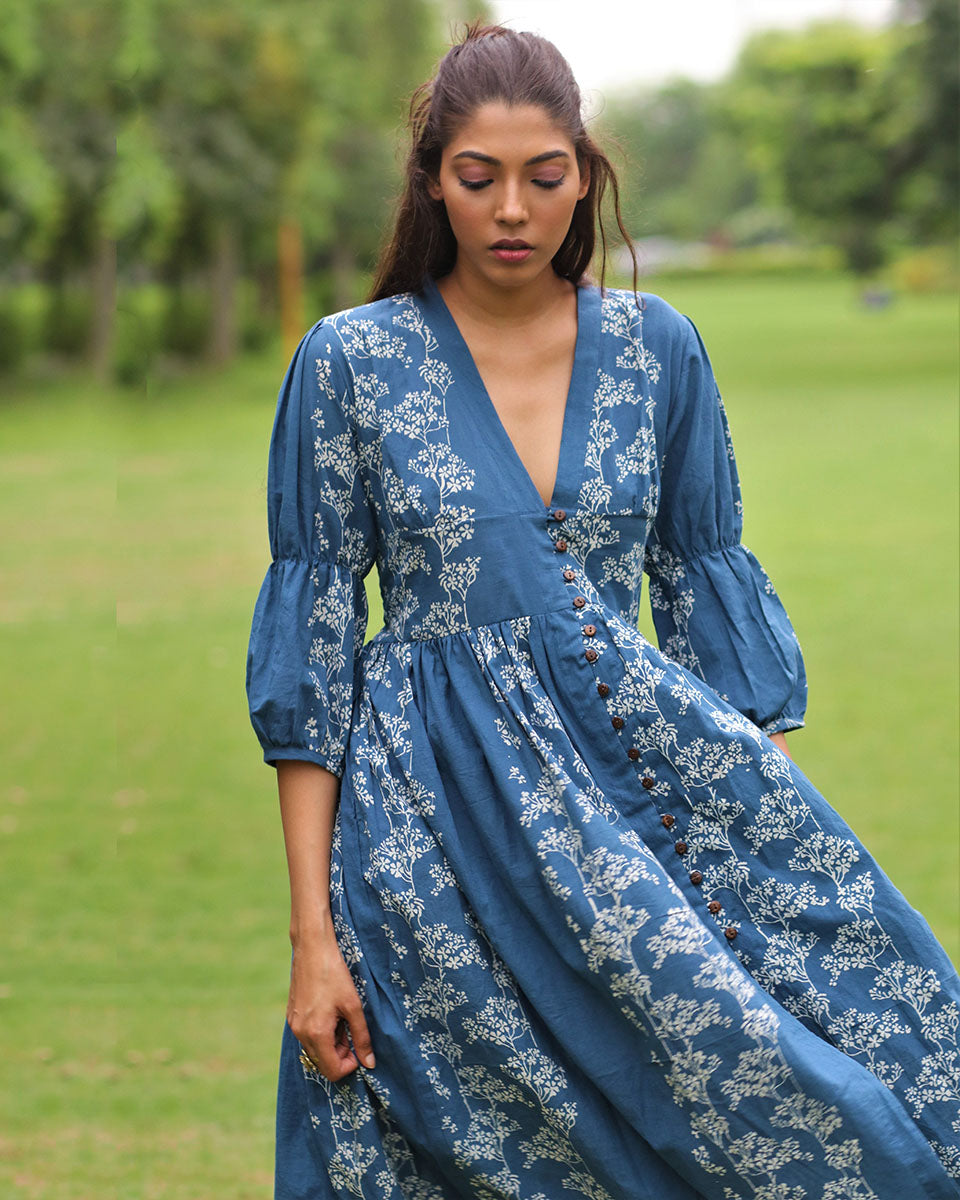 Buy Blue Front Slit Block Printed Cotton Dress | Bestseller – Chidiyaa