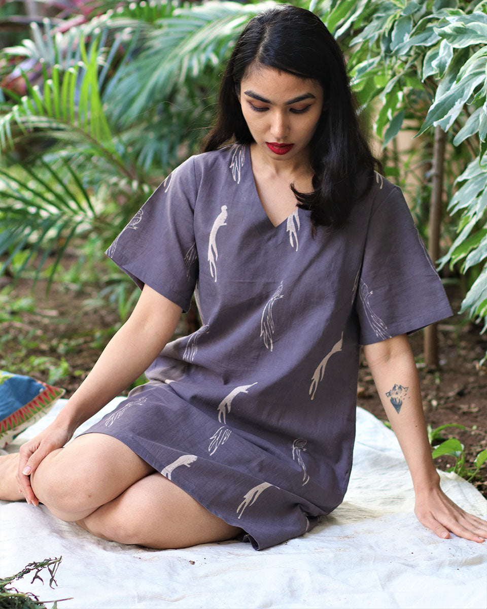 Leisure Grey Block Printed Cotton Dress - Fursat