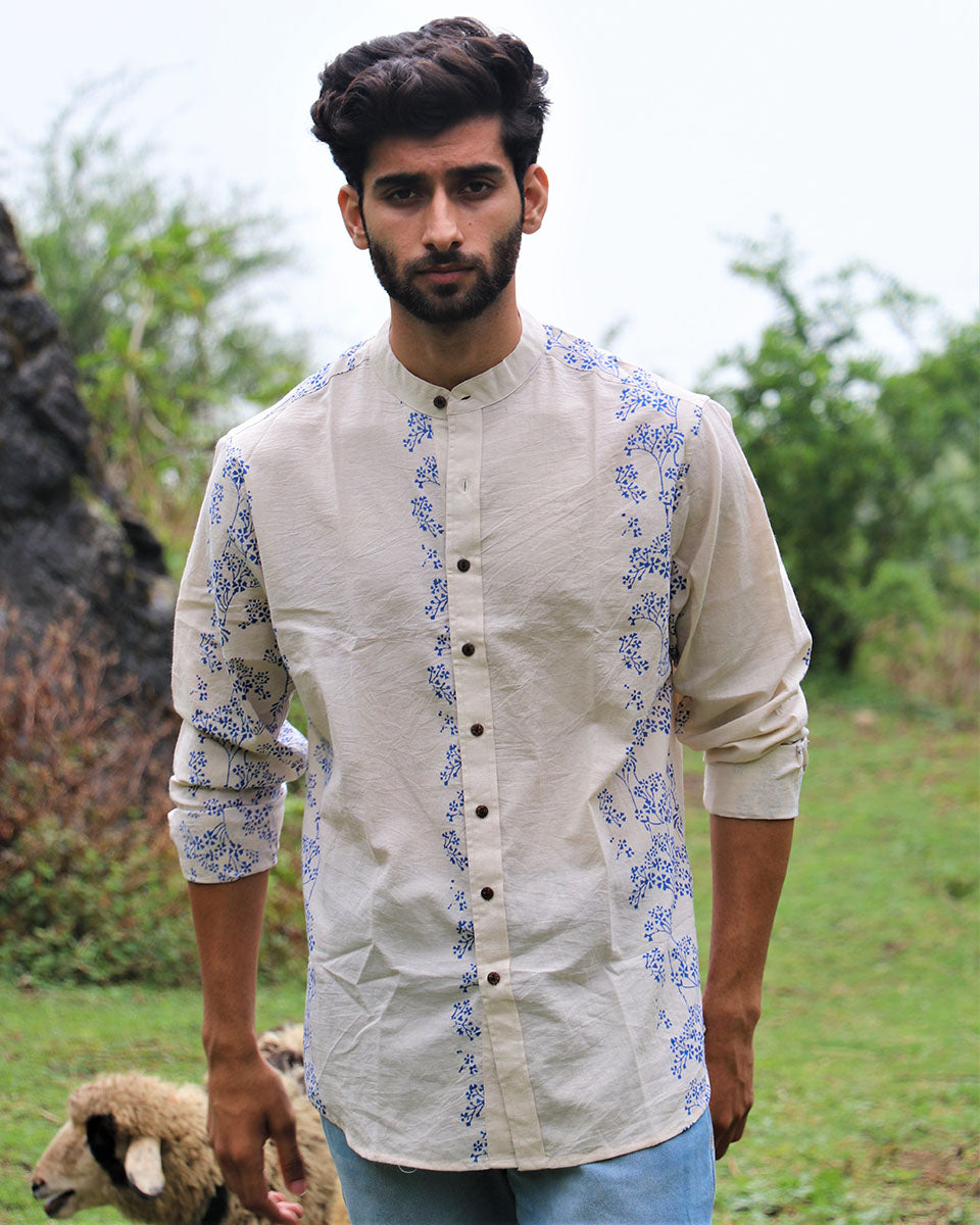 Beige Block Printed Cotton Shirt