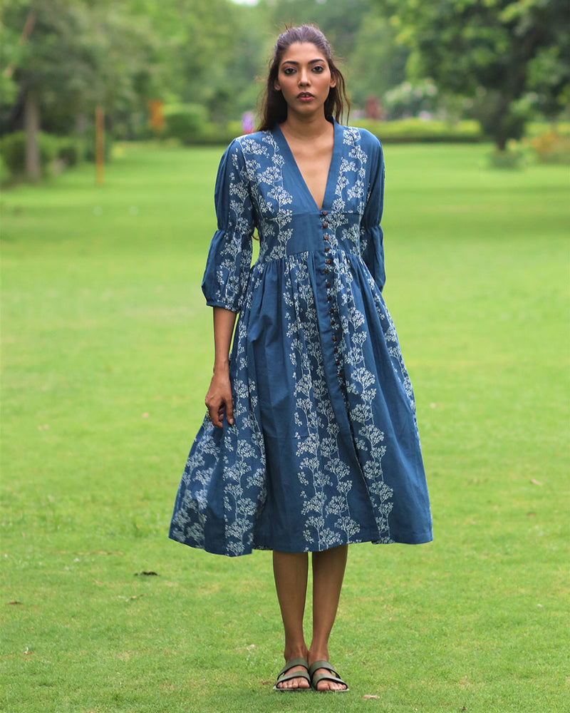 Buy Blue Front Slit Block Printed Cotton Dress | Bestseller