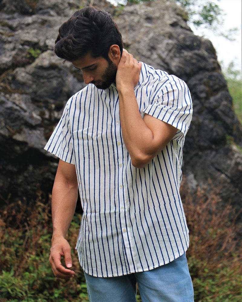 Ivory Striped Block Printed Cotton Half-Sleeved Shirt