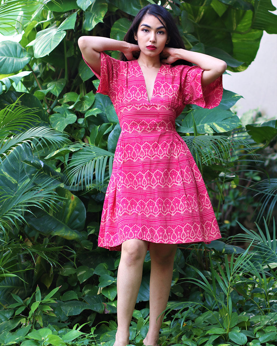 Tranquil Pink Block Printed Cotton Pleated Dress - Fursat