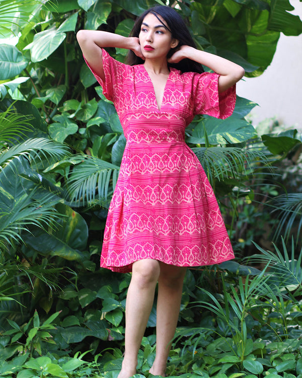 Tranquil Pink Block Printed Cotton Pleated Dress - Fursat