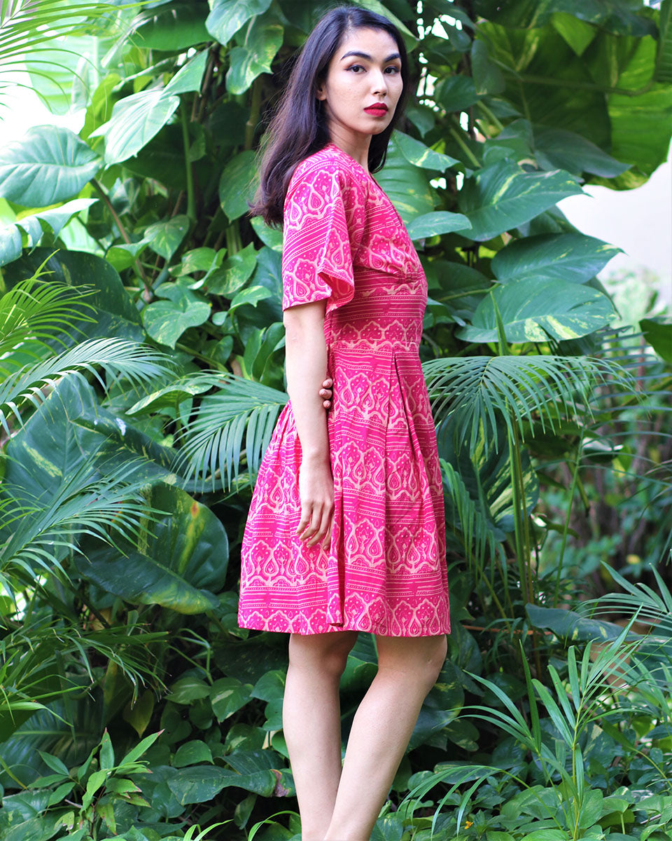 Tranquil Pink Block Printed Cotton Pleated Dress - Fursat