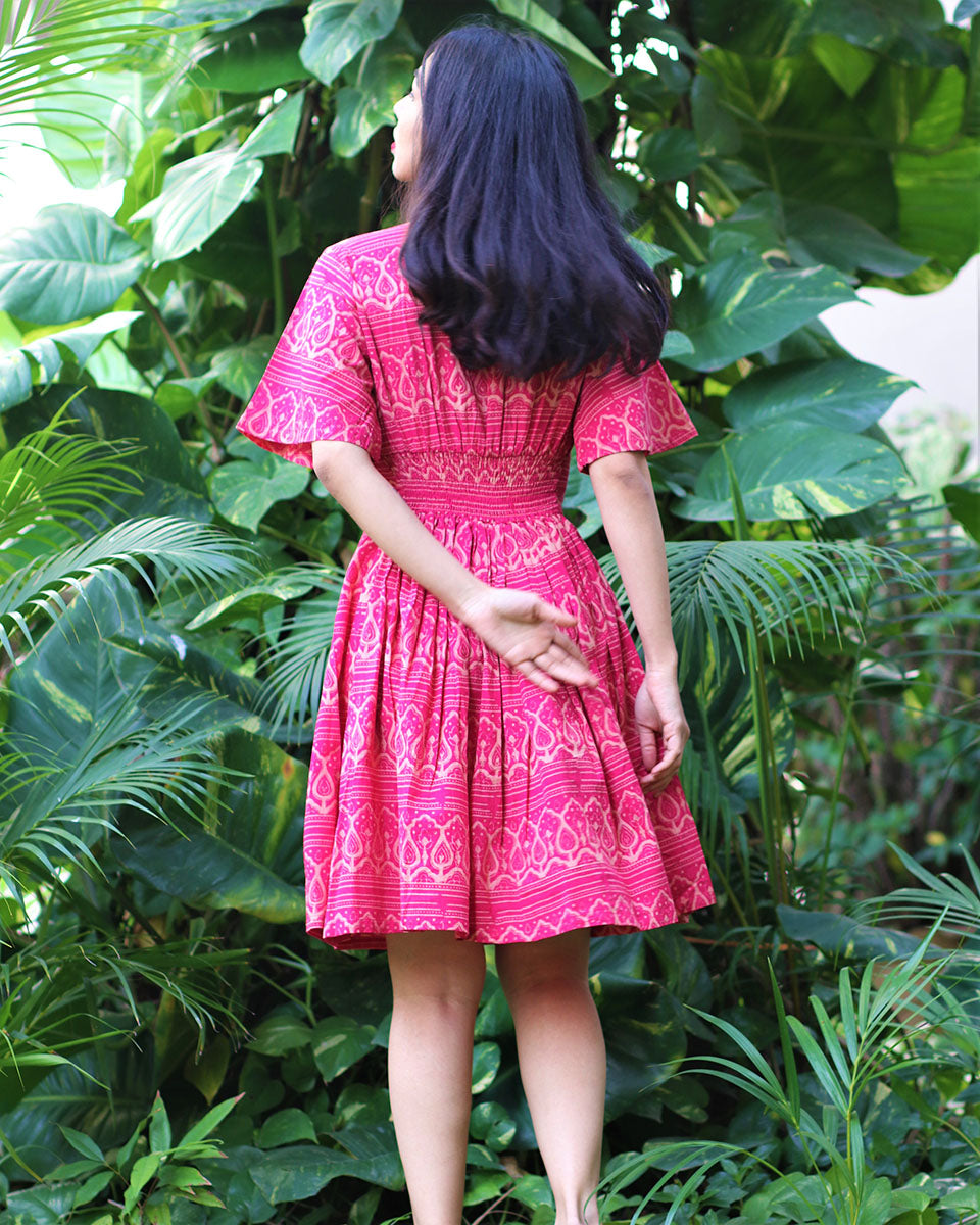 Tranquil Pink Block Printed Cotton Pleated Dress - Fursat