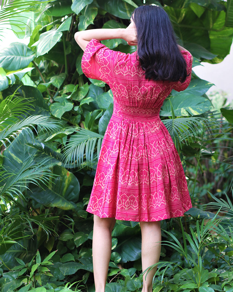 Tranquil Pink Block Printed Cotton Pleated Dress - Fursat