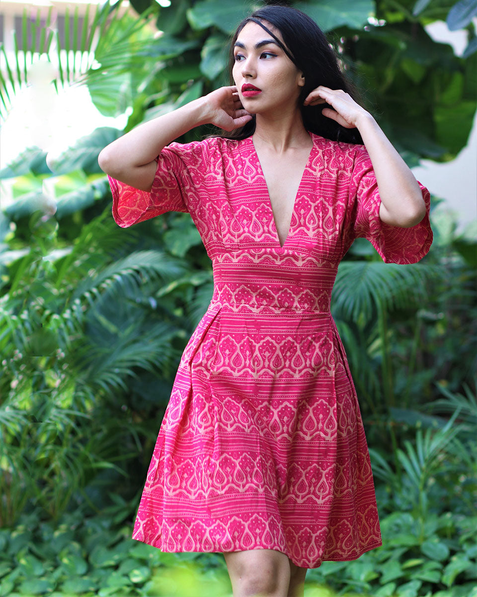 Tranquil Pink Block Printed Cotton Pleated Dress - Fursat