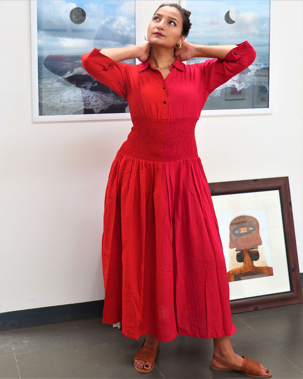 Handwoven Cotton Red Smocked Dress-Mog