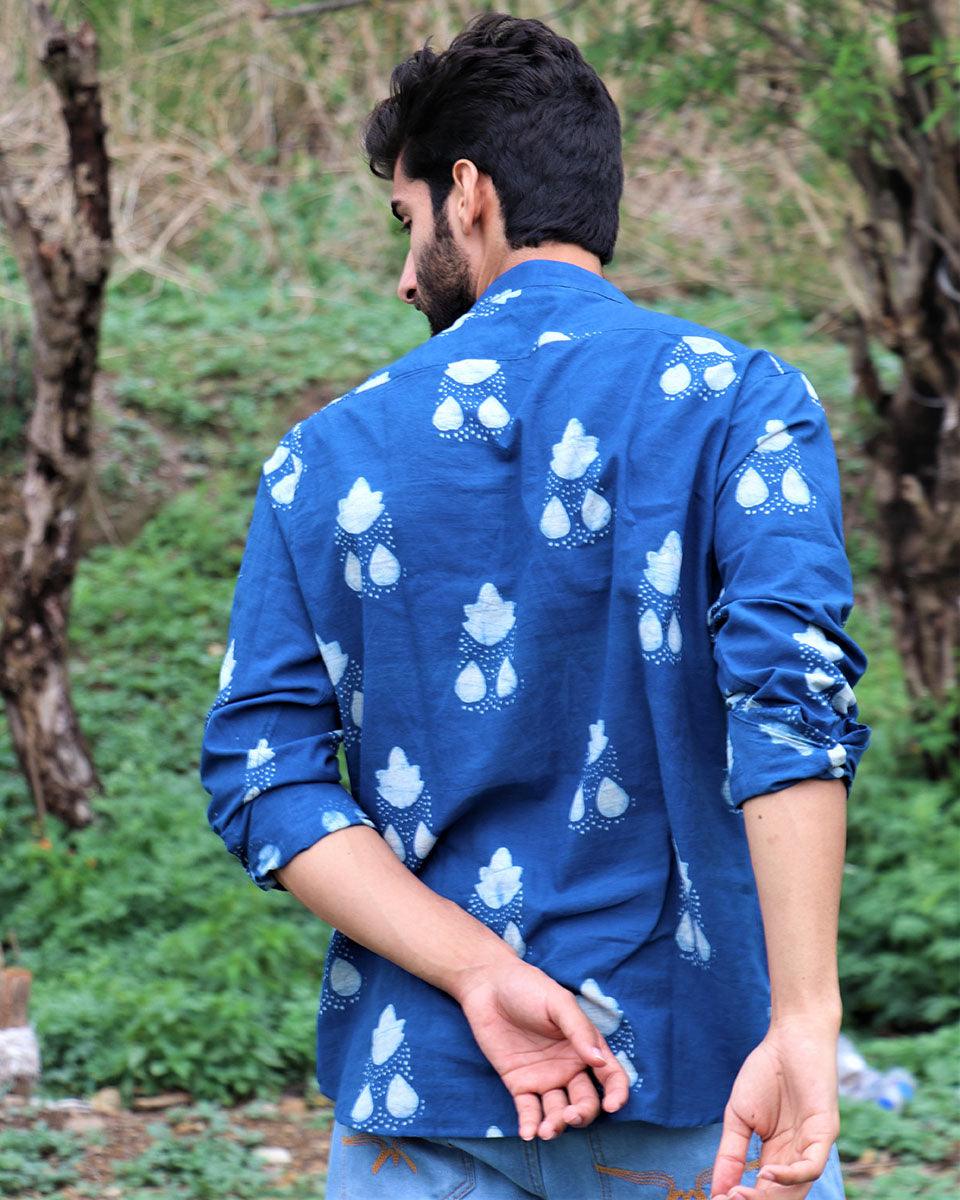 Royal Blue Block Printed Cotton Shirt