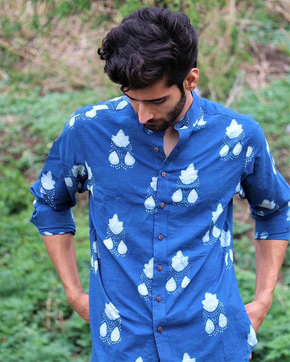 Royal Blue Block Printed Cotton Shirt