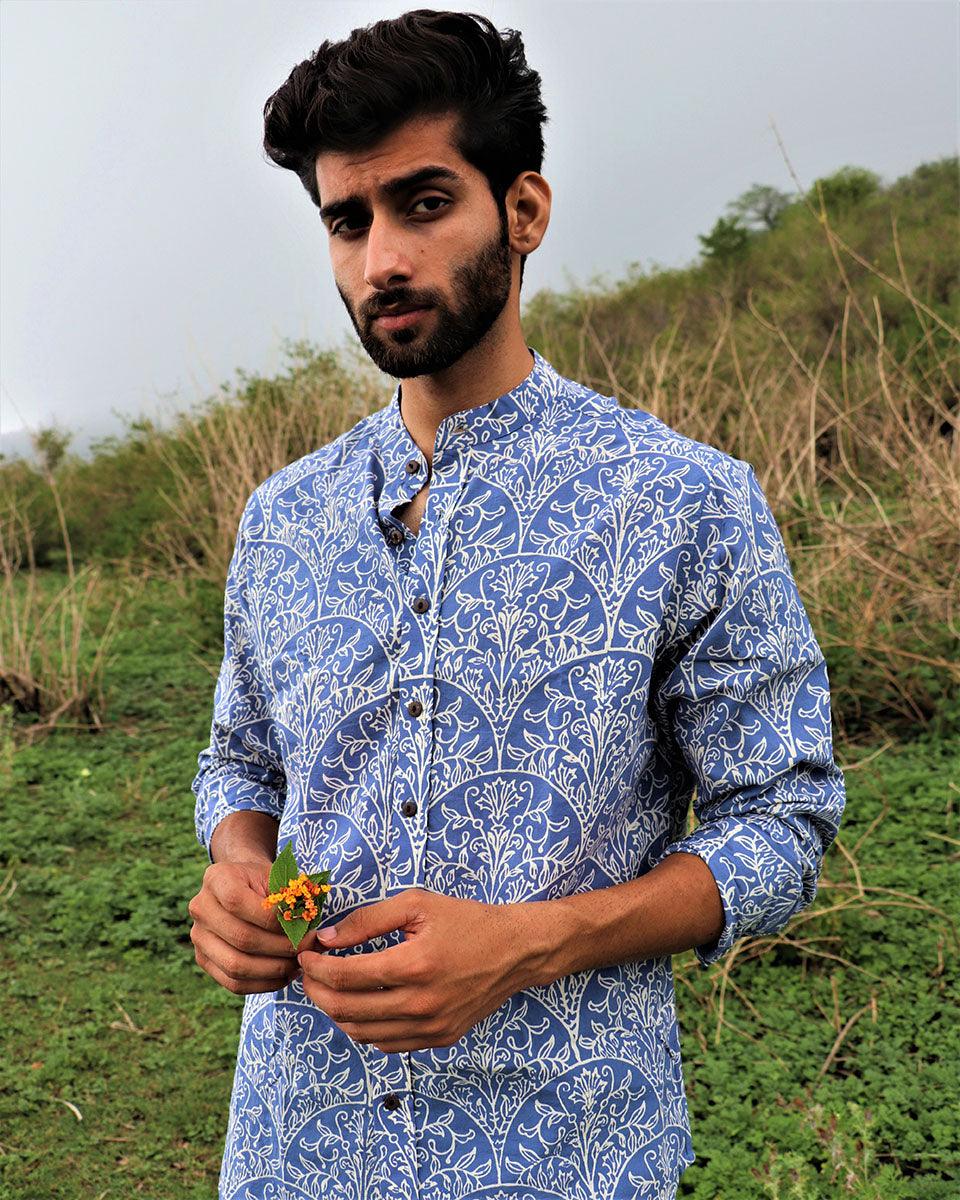 Yale Blue Block Printed Cotton Shirt