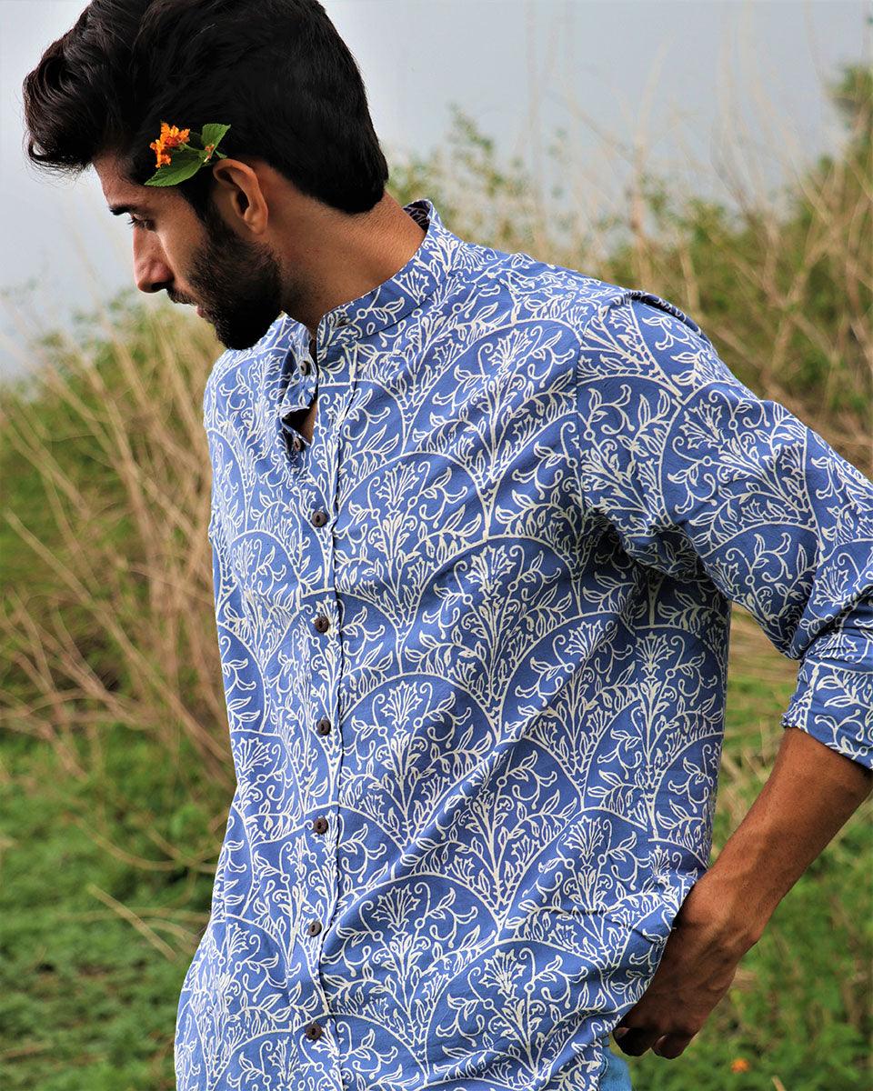 Yale Blue Block Printed Cotton Shirt