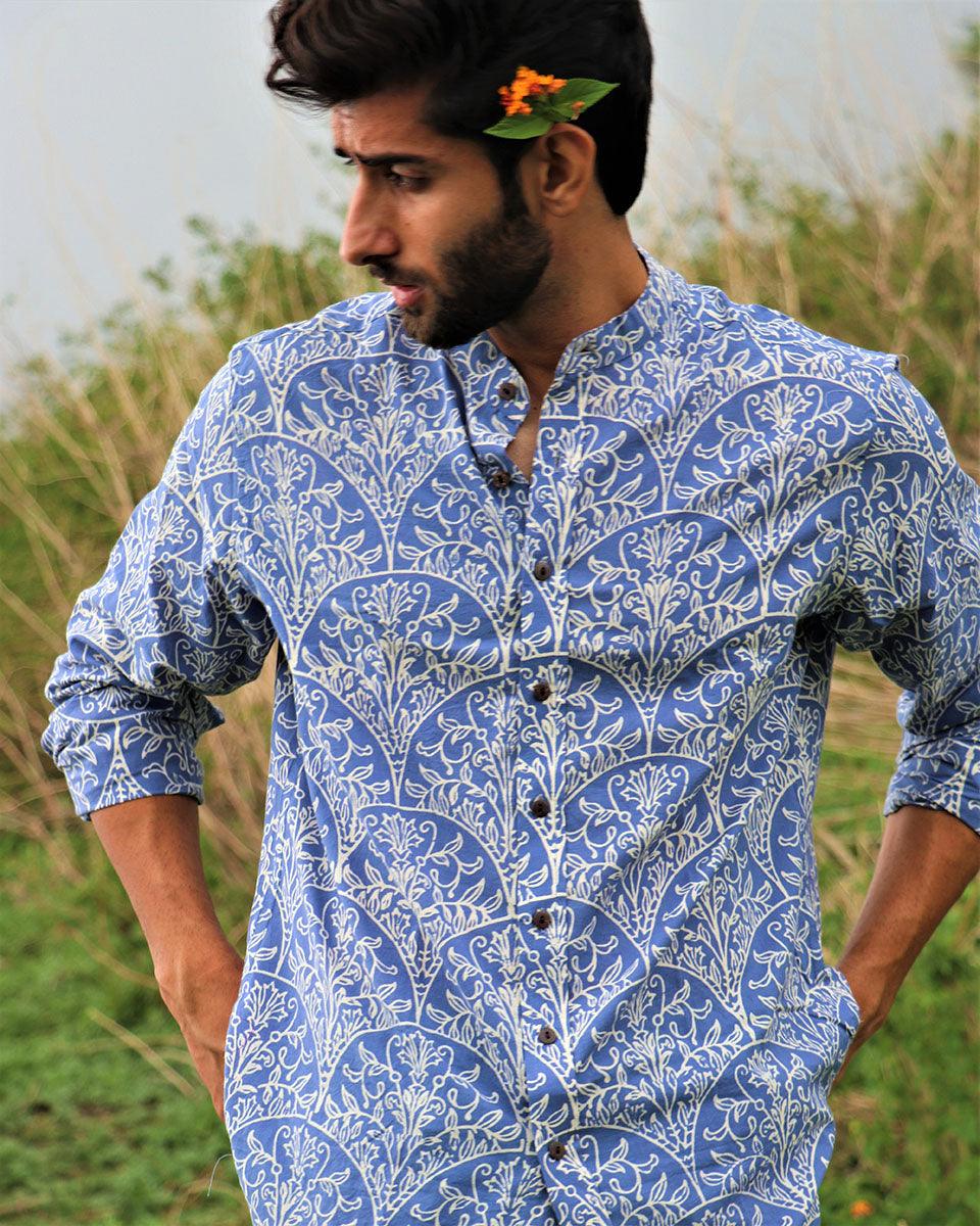 Yale Blue Block Printed Cotton Shirt