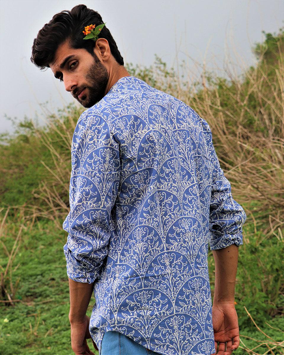 Yale Blue Block Printed Cotton Shirt