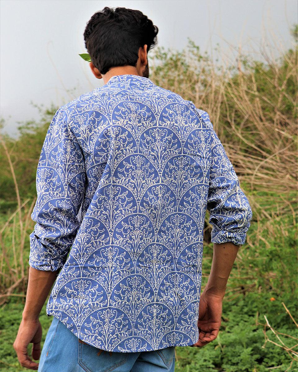 Yale Blue Block Printed Cotton Shirt