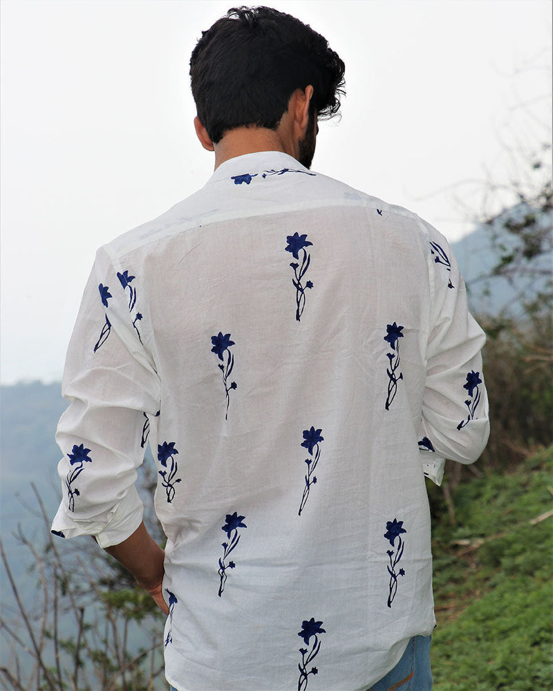 Ivory Floral Block Printed  Cotton Shirt