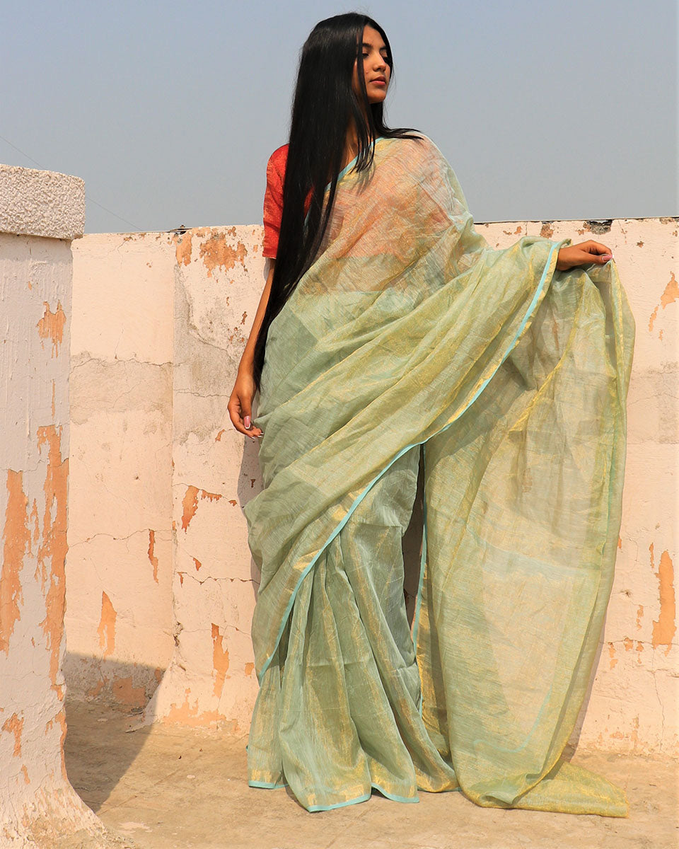 Nidhi Handwoven Linen Saree-Melting Moonn