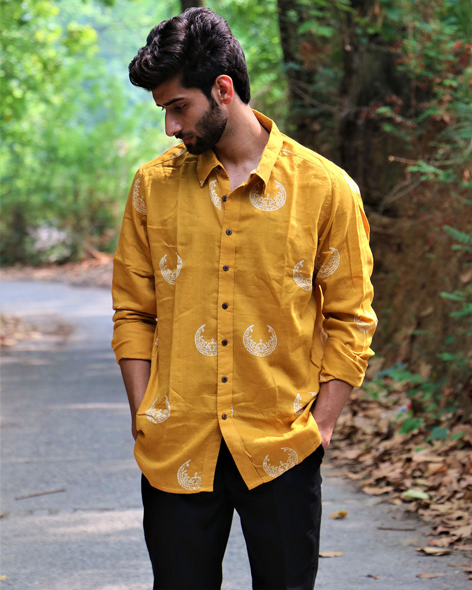 Sunrise Yellow Moon Block Printed Cotton Shirt