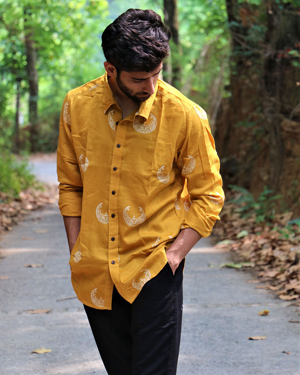 Sunrise Yellow Moon Block Printed Cotton Shirt