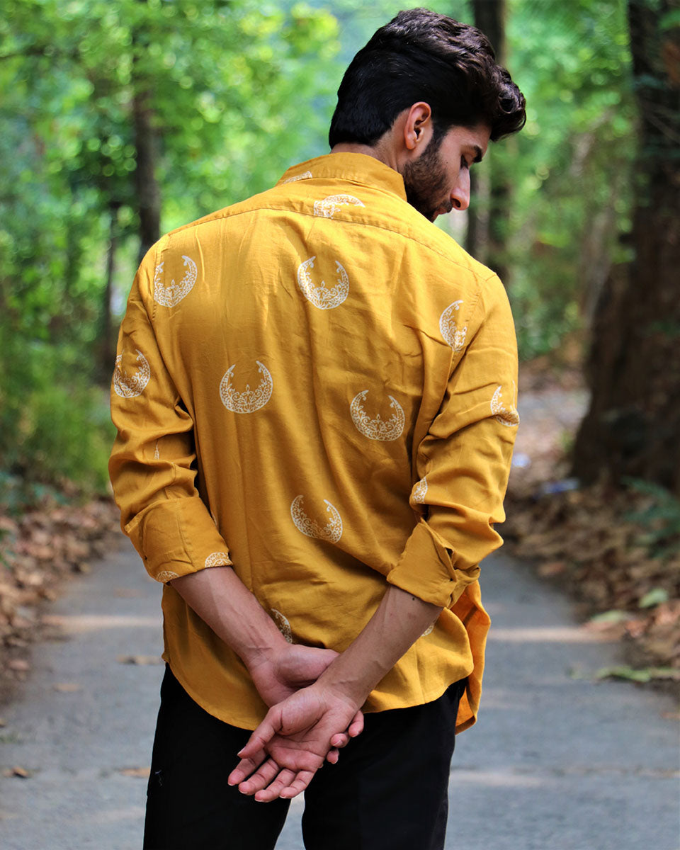 Sunrise Yellow Moon Block Printed Cotton Shirt