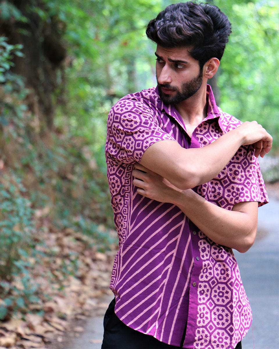 Violet Block Printed Cotton Half-Sleeved Shirt