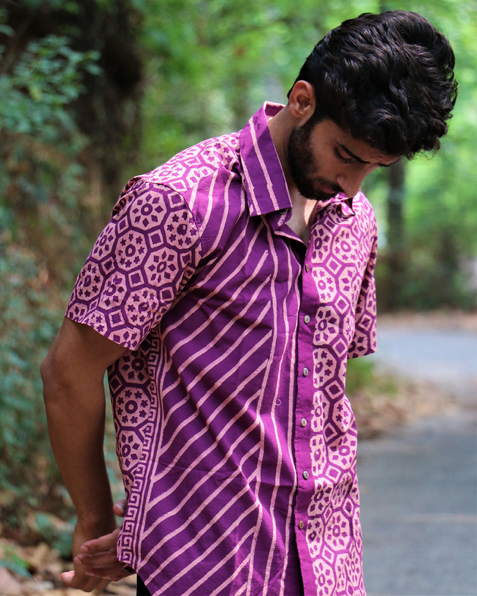 Violet Block Printed Cotton Half-Sleeved Shirt