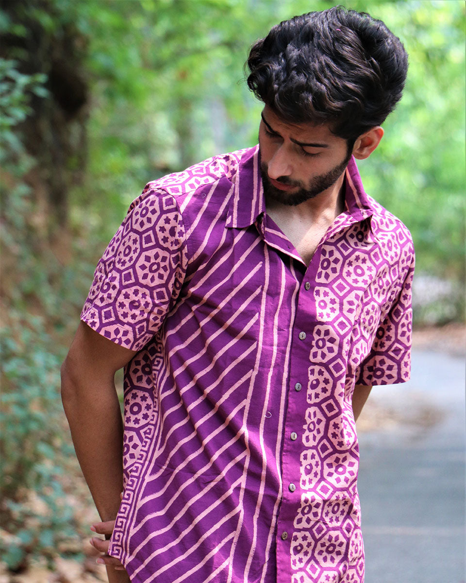 Violet Block Printed Cotton Half-Sleeved Shirt