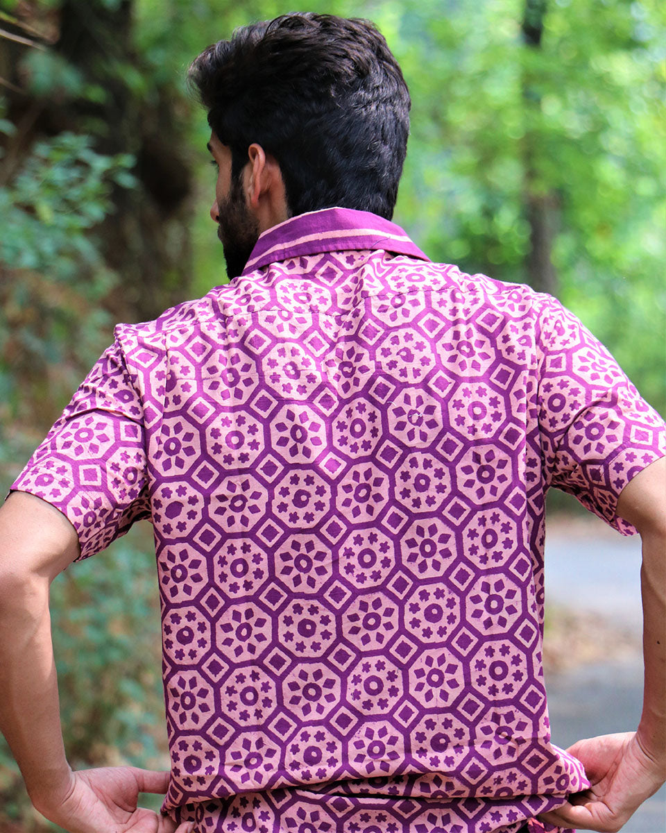 Violet Block Printed Cotton Half-Sleeved Shirt