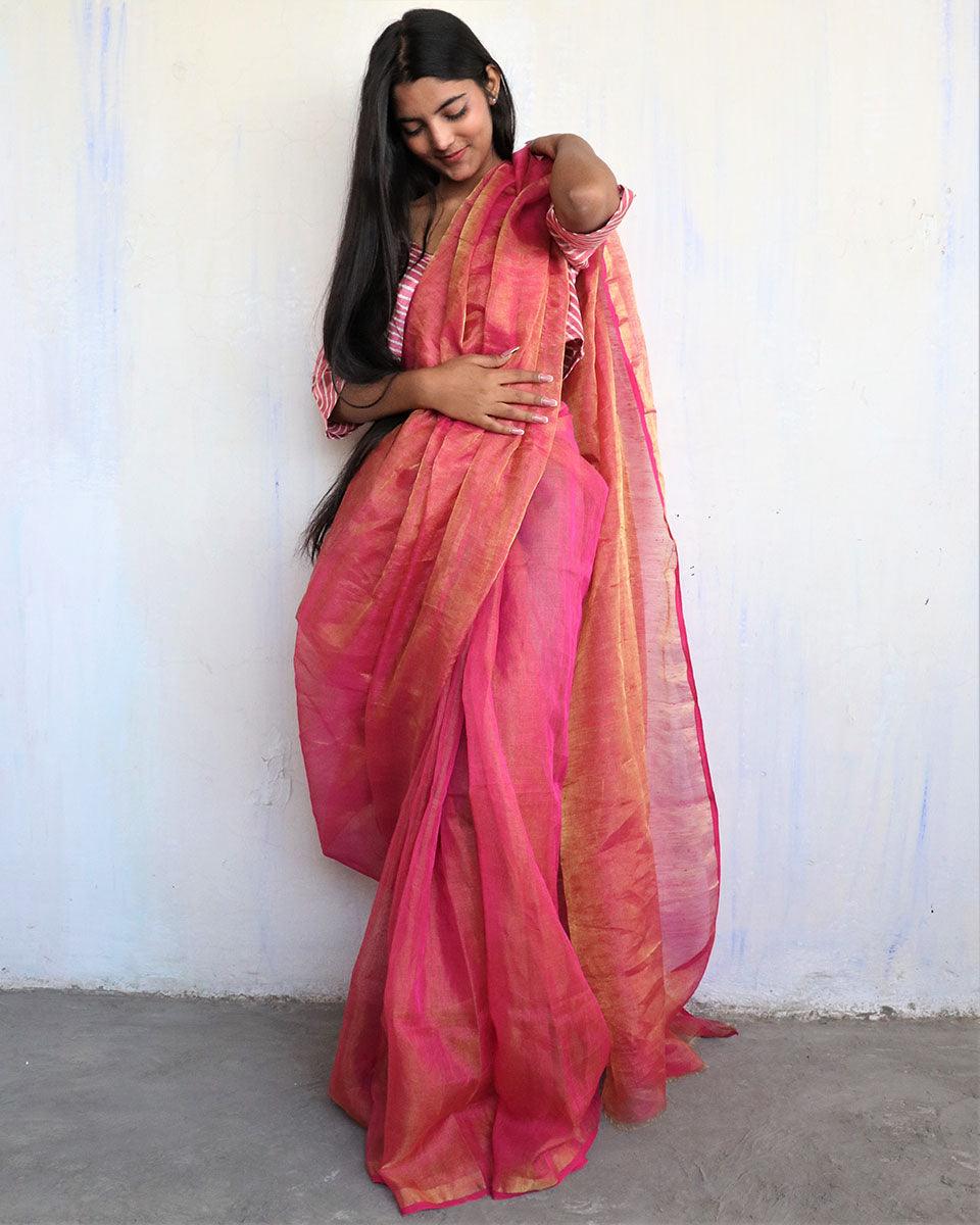 Linen saree | Linen zari saree | Linen saree online | Chidiyaa