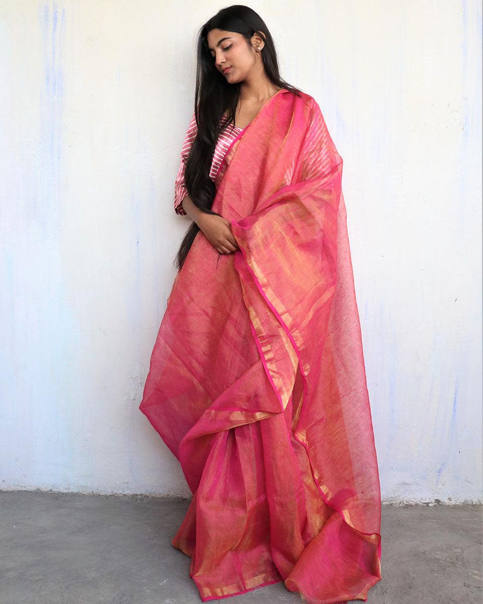 Linen saree | Linen zari saree | Linen saree online | Chidiyaa