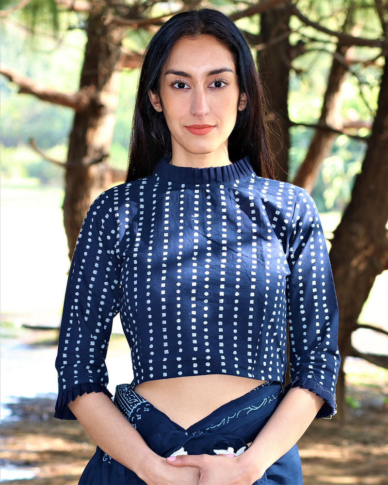 Blue Blockprinted Cotton Crop Top With Frills