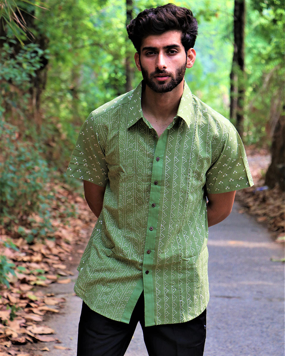 Olive Green Block Printed Cotton Half-Sleeved Shirt