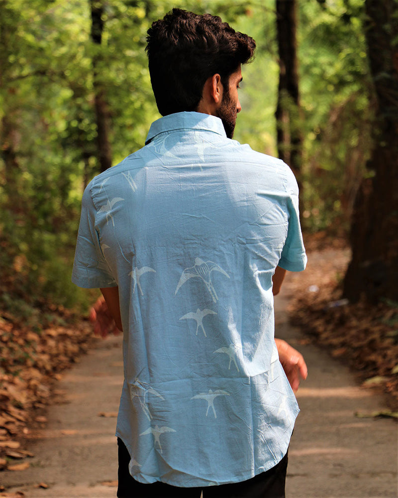 Light Blue Flyon Block Printed Cotton Half-Sleeved  Shirt