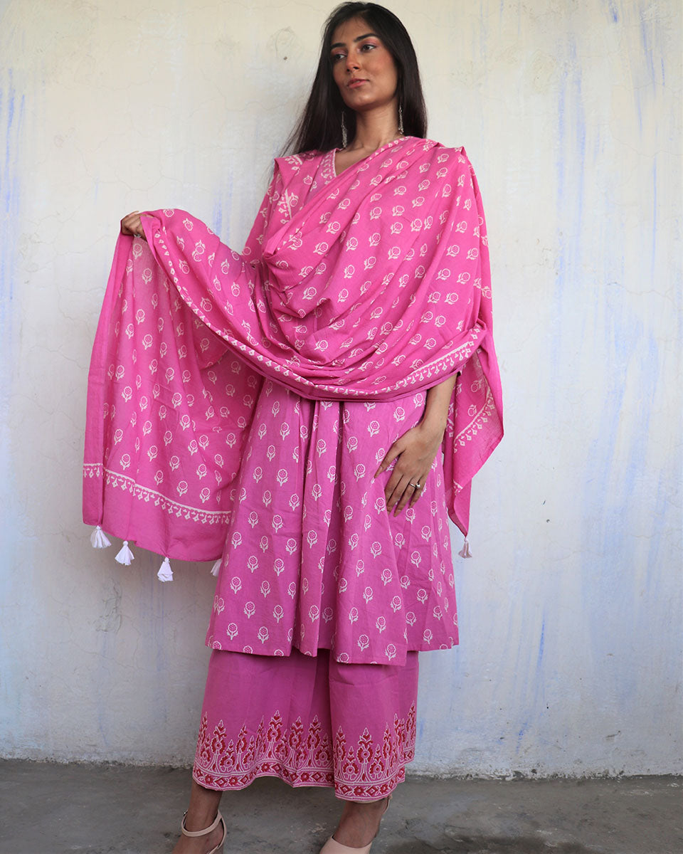 Pink Pure Cotton Block Printed Cotton Dupatta-Ajooni