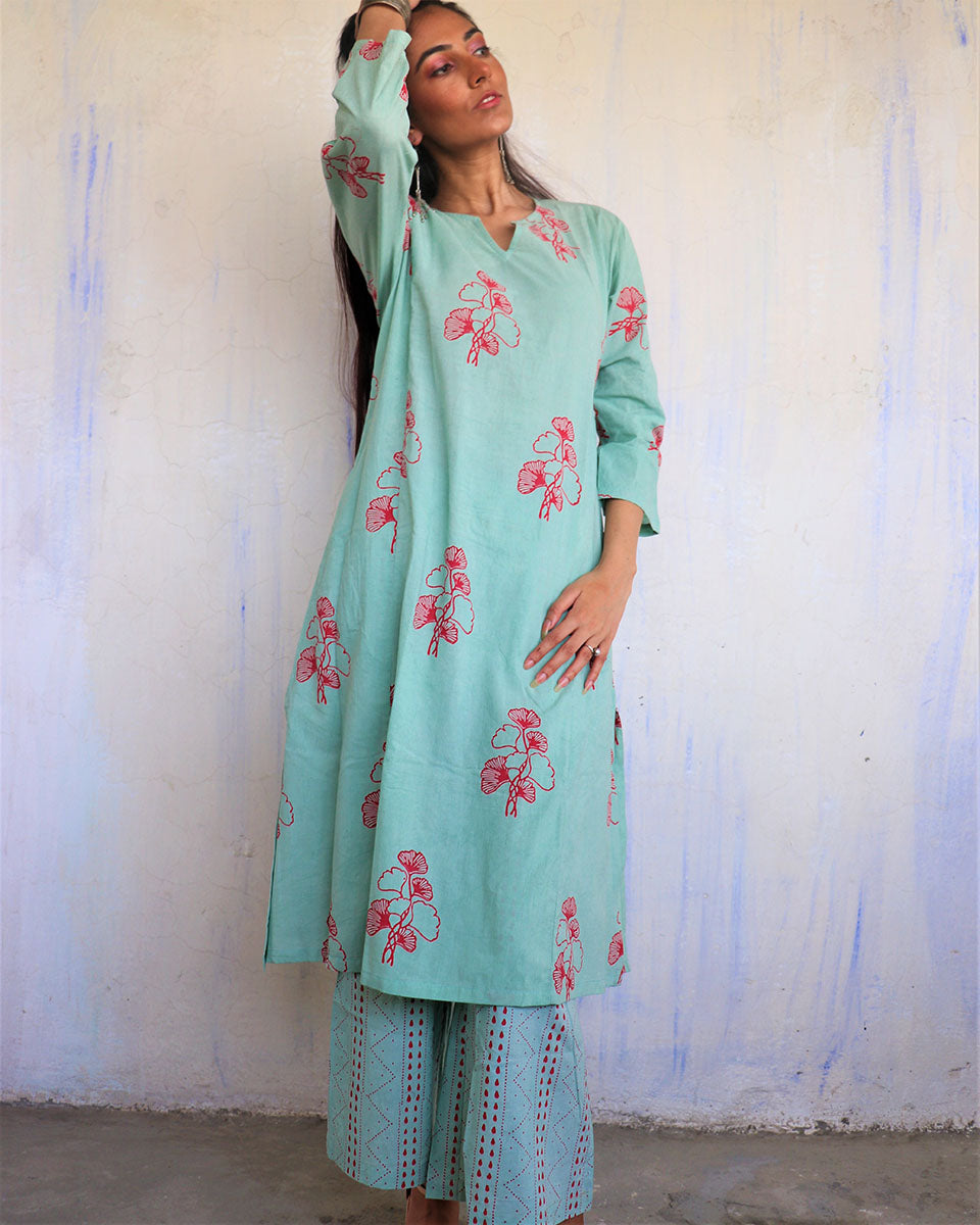 Mint Blossom Pure Cotton Block Printed Kurta - LD