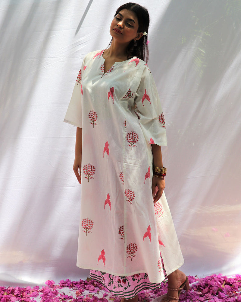 Flourish White Block Printed Cotton Kurta Set With Skirt - Fos