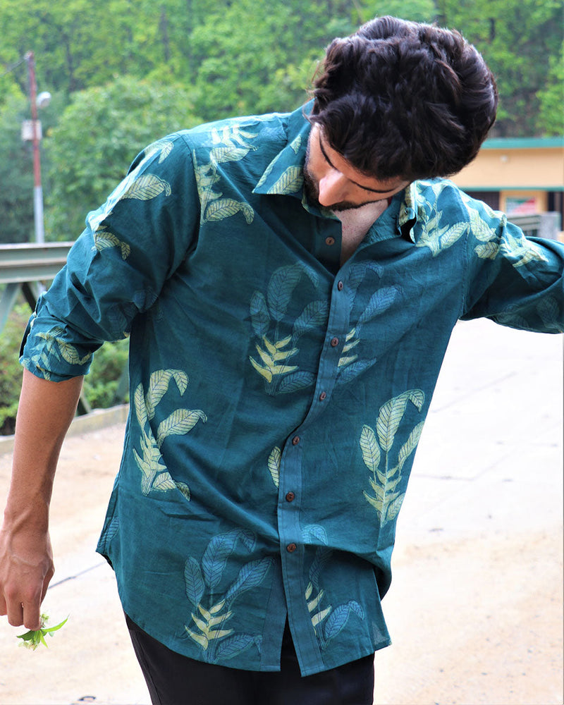 Forest Green Leaf Block Printed Cotton Shirt