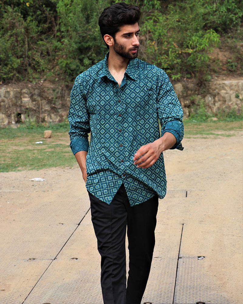 Forest Green Block Printed Cotton Shirt