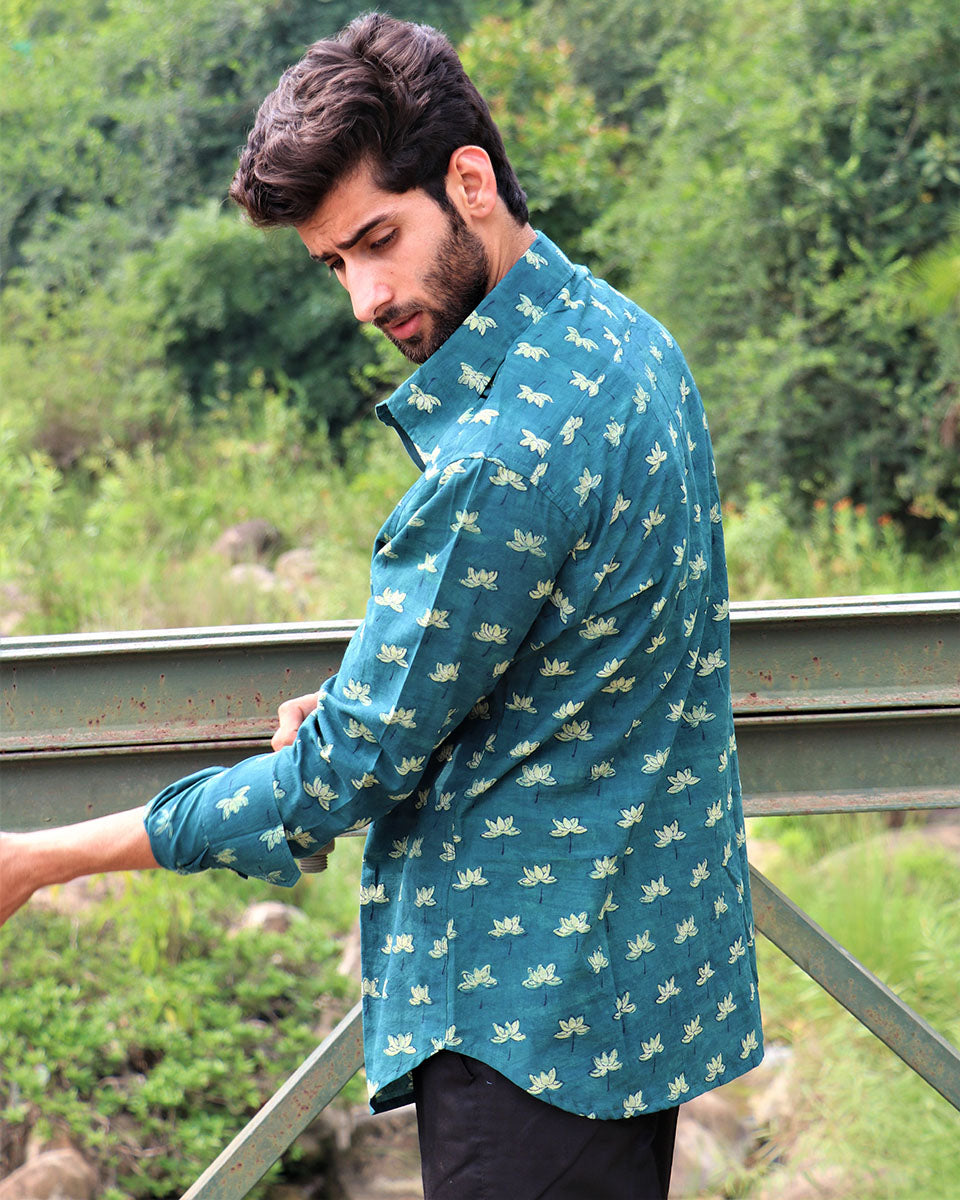 Forest Green Block Printed Cotton Shirt