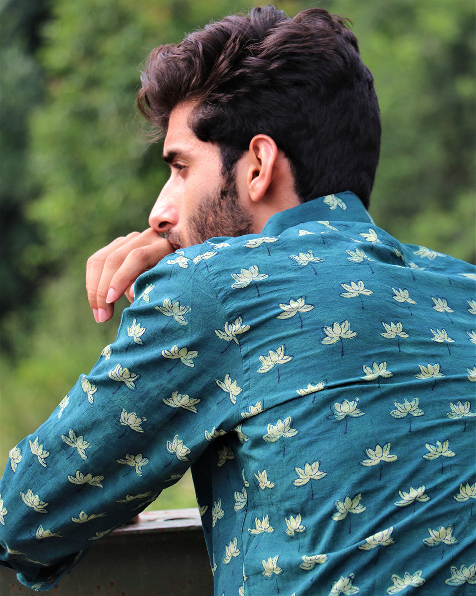 Forest Green Block Printed Cotton Shirt