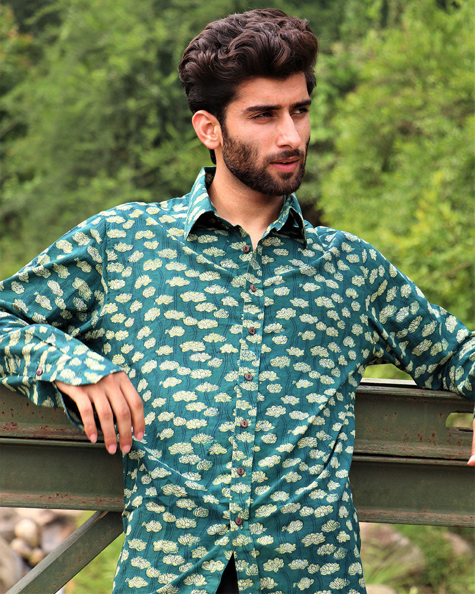 Forest Green Block Printed Cotton Shirt