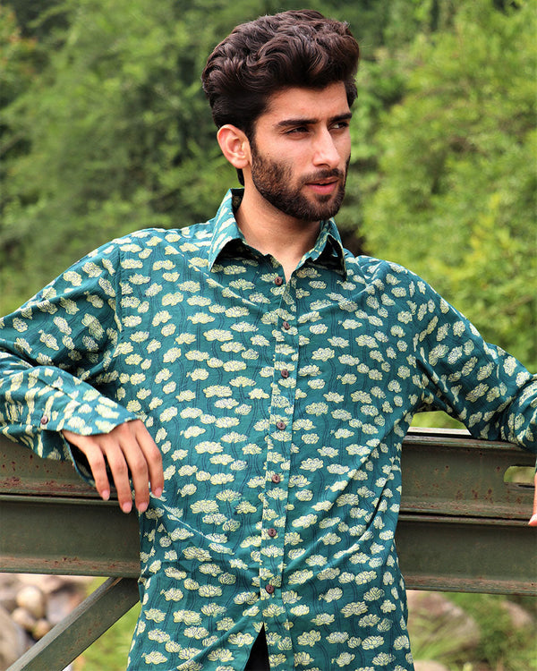 Forest Green Block Printed Cotton Shirt