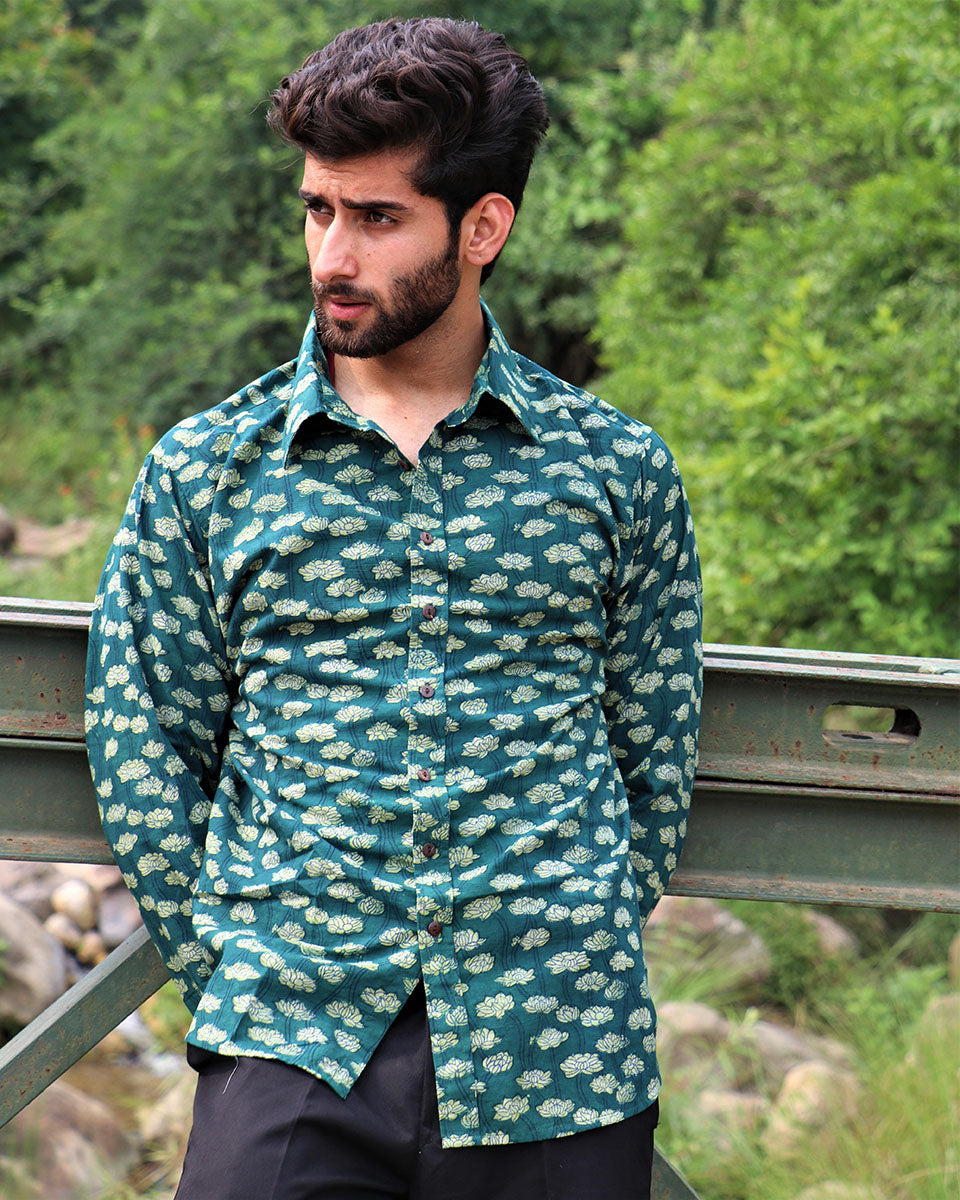 Forest Green Block Printed Cotton Shirt