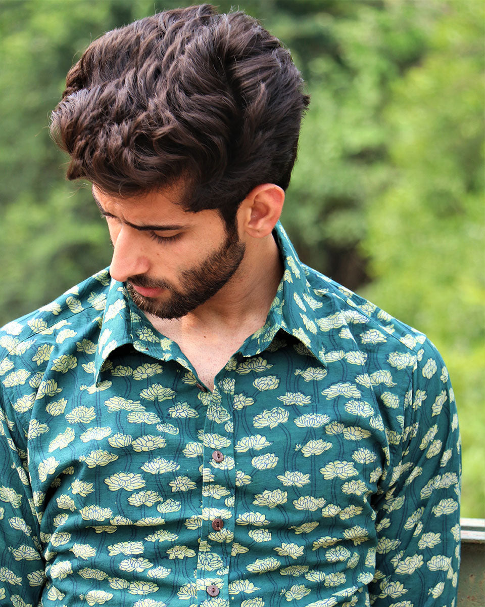 Forest Green Block Printed Cotton Shirt