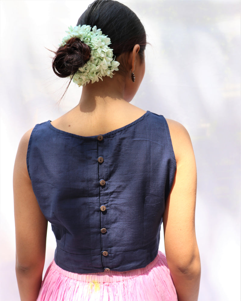Flora Blue Dandelion Sleeveless Hand-Embroidered Handwoven Cotton Blouse - Fos