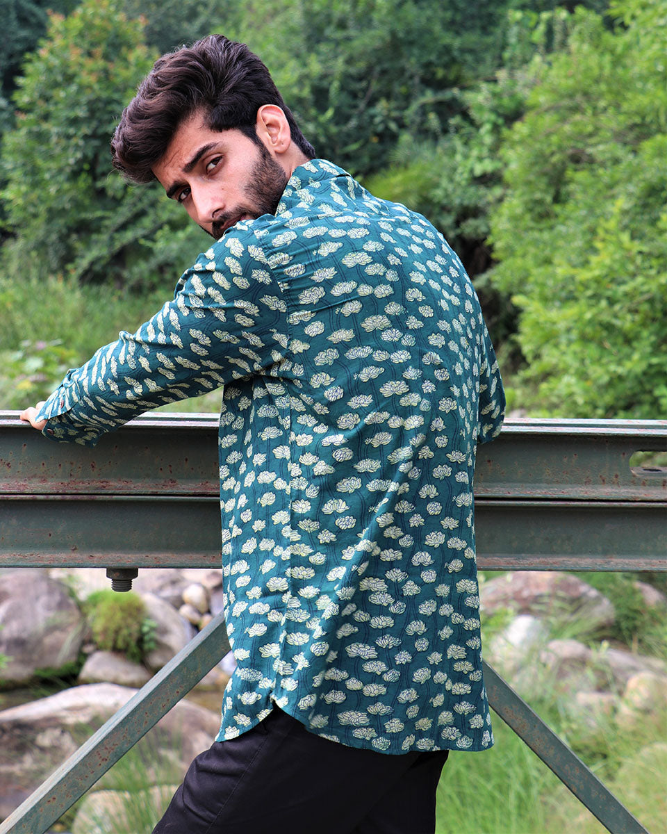 Forest Green Block Printed Cotton Shirt