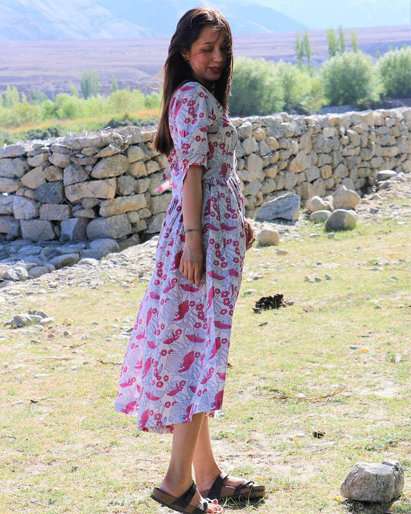 Snow White Blossom Block Printed Cotton  Dress - Zanskar