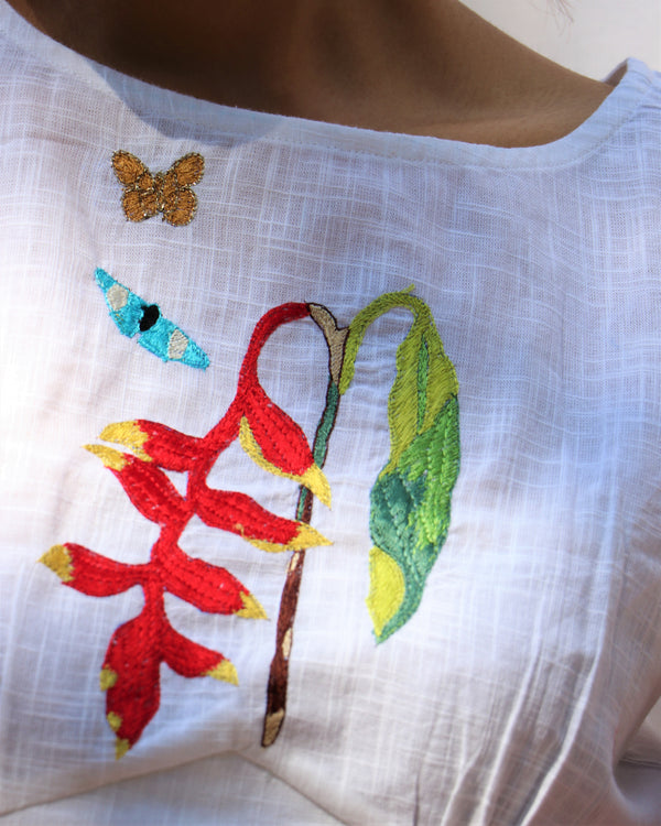 Flourish White Sleeveless Hand-Embroidered Handwoven Cotton Blouse - Fos