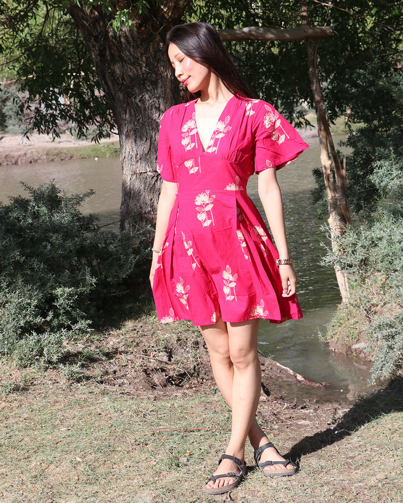 Lotus Pink Block Printed Cotton Pleated Dress - Zanskar